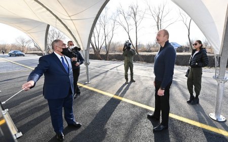 Prezident və xanımı Ağcabədidə yeni çəkilmiş yolun açılışında iştirak edib