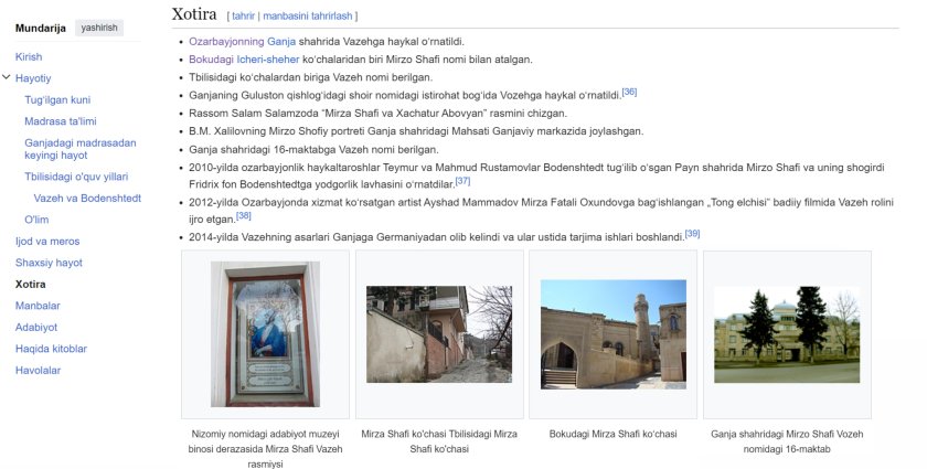 Mirzə Şəfi Vazeh haqqında "Wikipedia" Beynəlxalq Elektron Ensiklopediyasında özbək dilində bölmə istifadəyə verilib